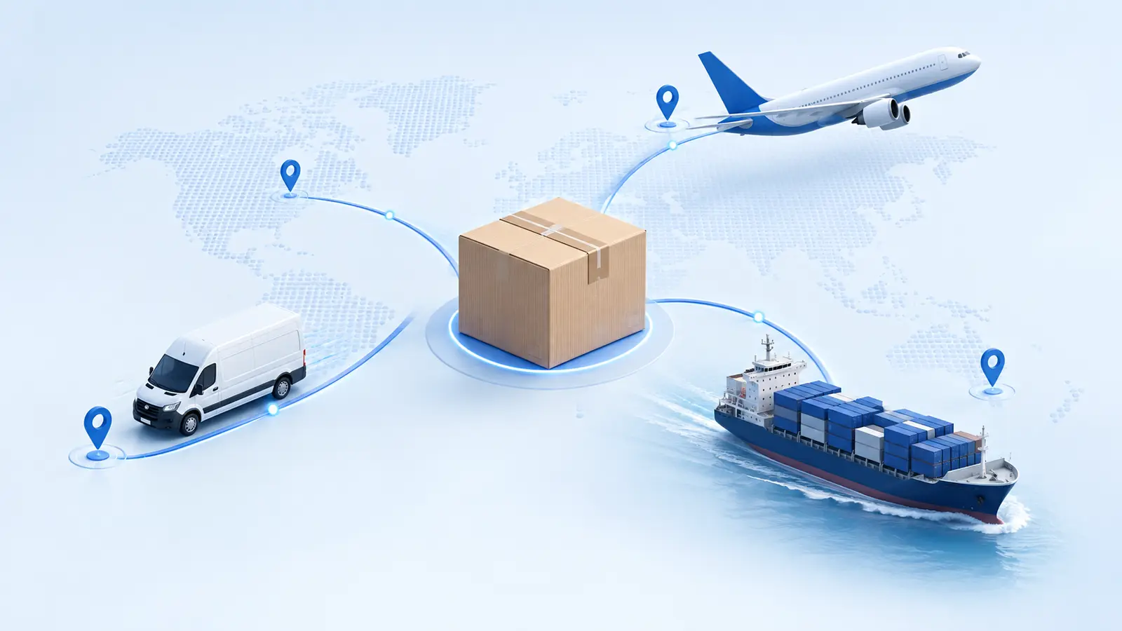 Logistics illustration with a parcel, delivery van, aircraft and cargo ship